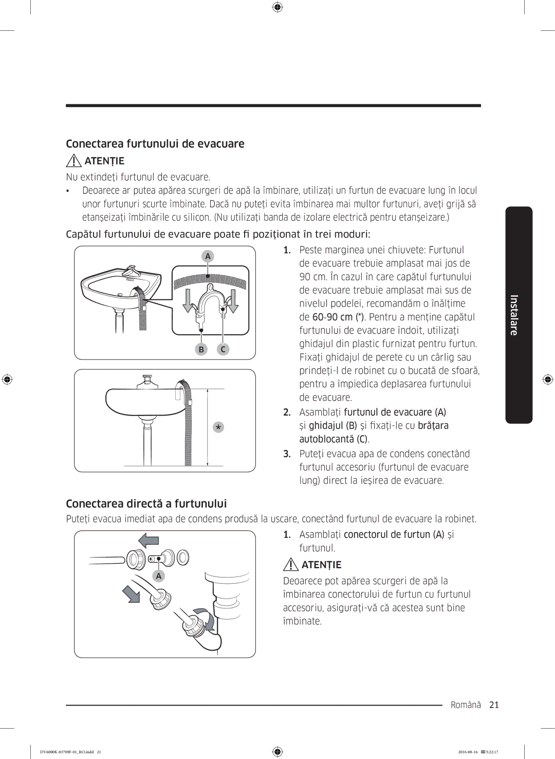 Samsung DV80K6010CW/LE manual Conectarea furtunului de evacuare, Conectarea directă a furtunului 