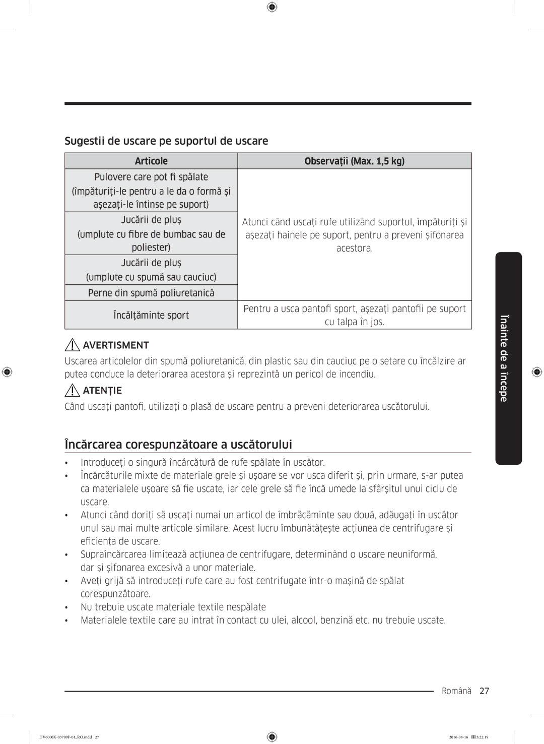 Samsung DV80K6010CW/LE manual Încărcarea corespunzătoare a uscătorului, Sugestii de uscare pe suportul de uscare 