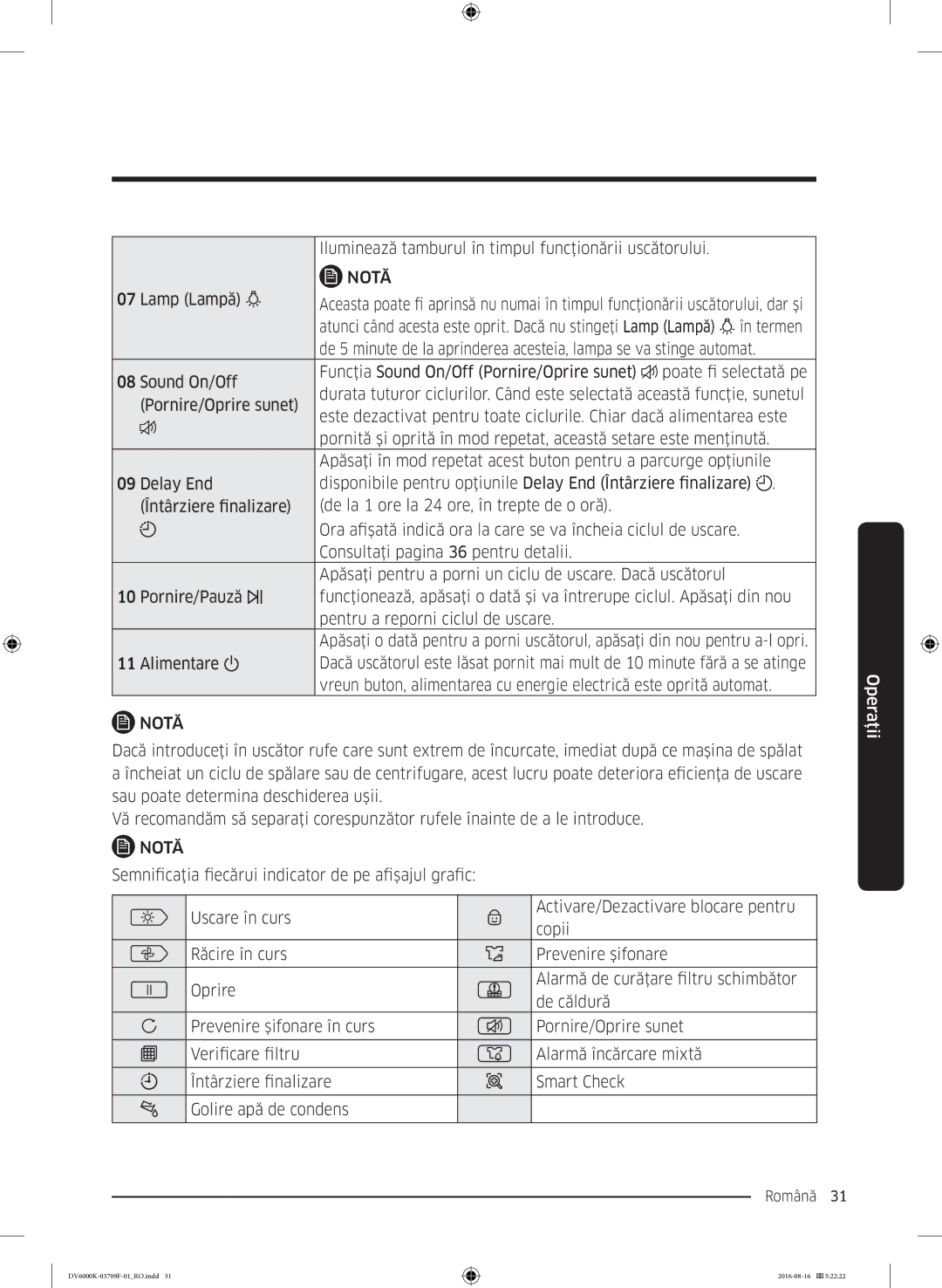 Samsung DV80K6010CW/LE manual Iluminează tamburul în timpul funcţionării uscătorului, Lamp Lampă 