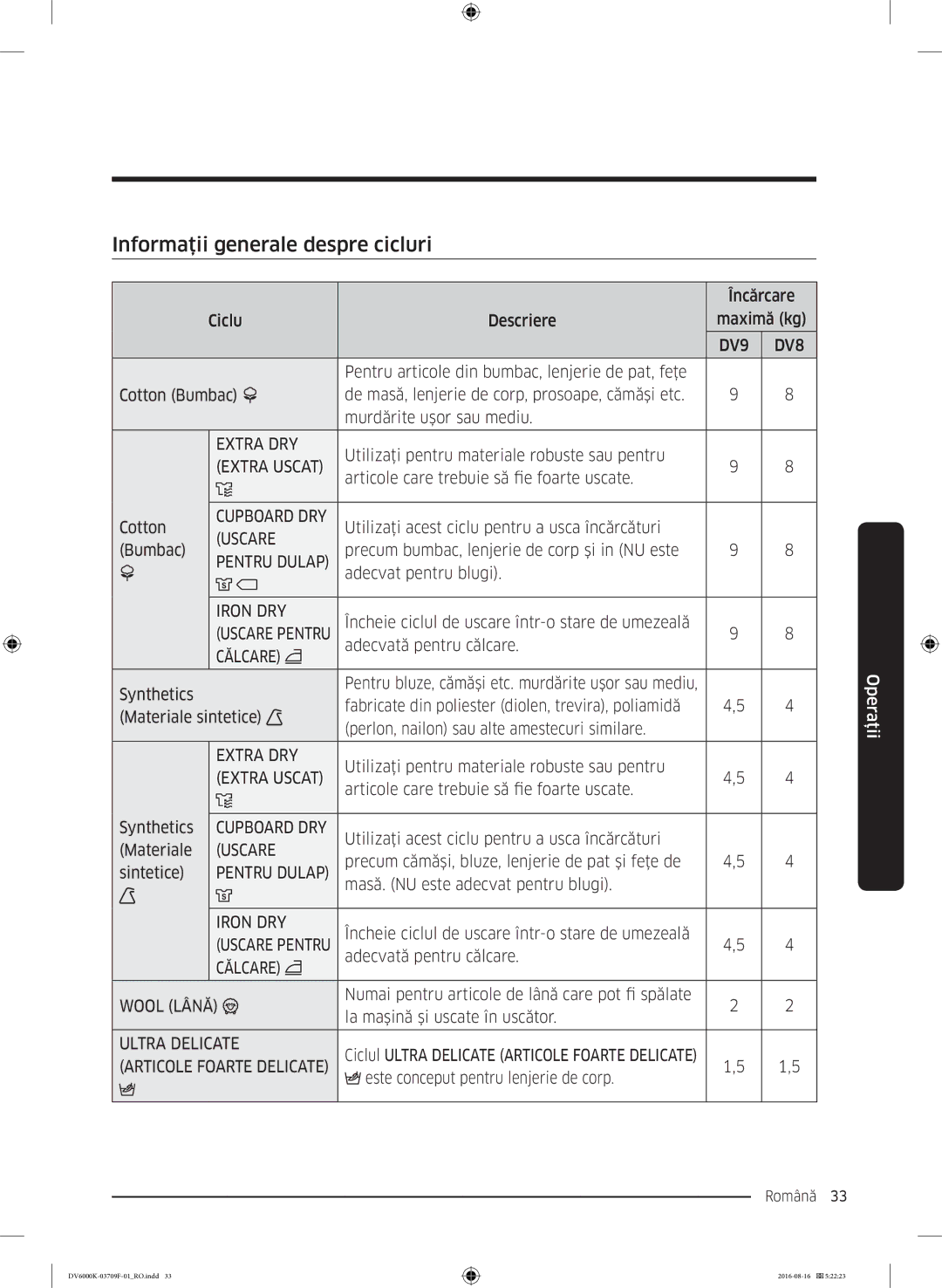 Samsung DV80K6010CW/LE manual Informaţii generale despre cicluri, Extra Uscat, Uscare, Călcare Wool Lână 