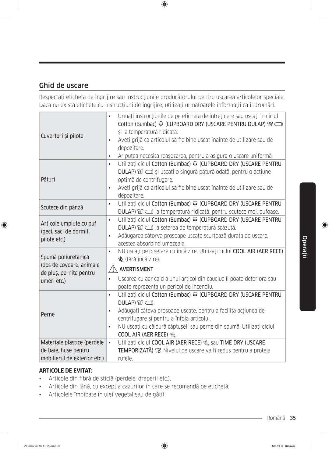 Samsung DV80K6010CW/LE manual Ghid de uscare, Dulap 