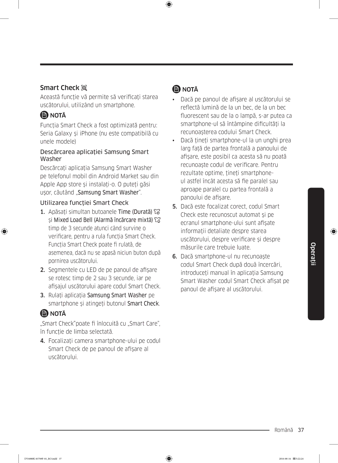 Samsung DV80K6010CW/LE manual Smart Check, Măsurile care trebuie luate 