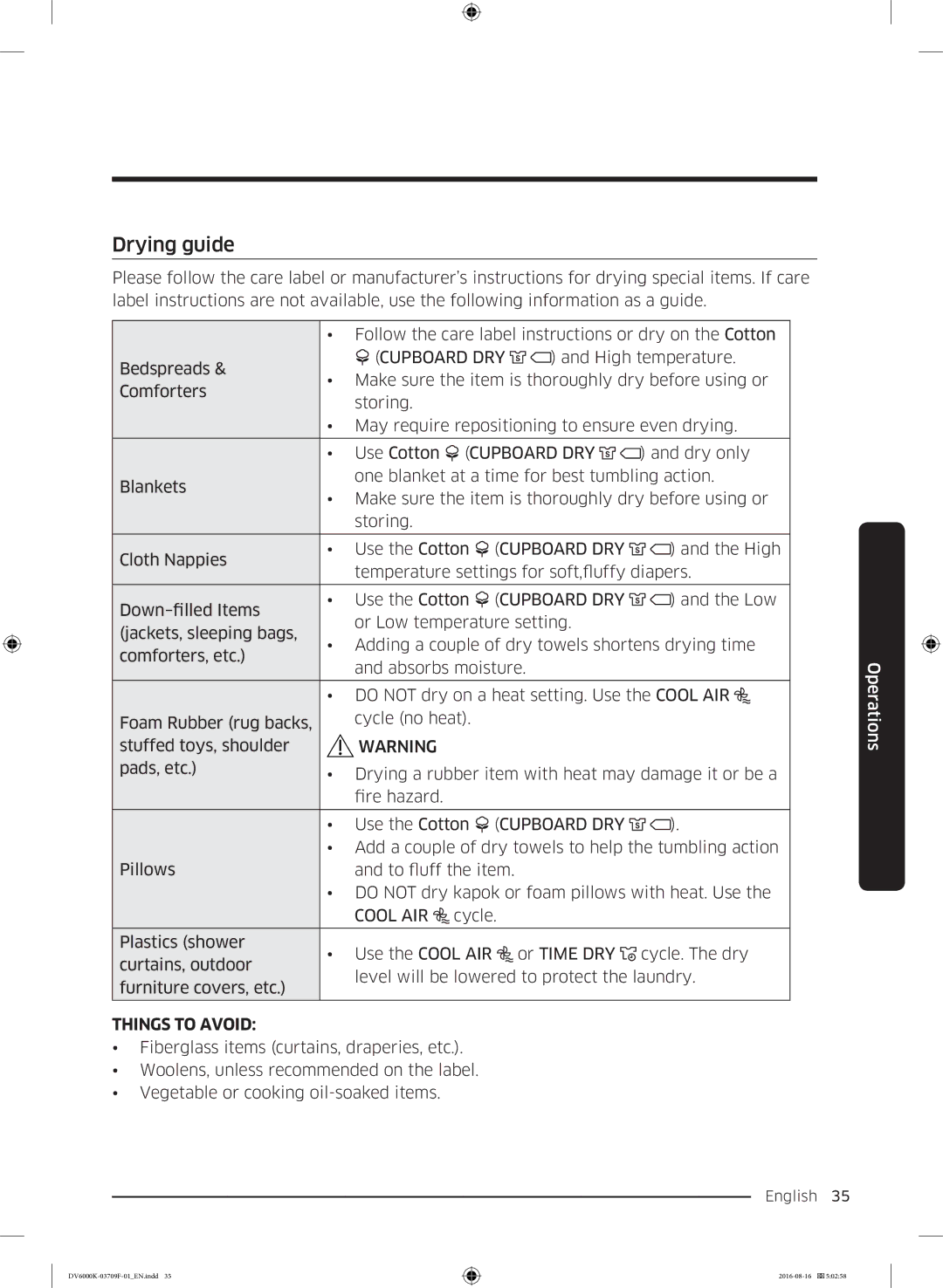 Samsung DV80K6010CW/LE manual Drying guide, Cupboard DRY 