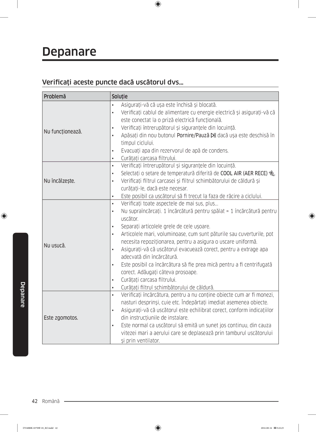 Samsung DV80K6010CW/LE manual Depanare, Verificaţi aceste puncte dacă uscătorul dvs… 