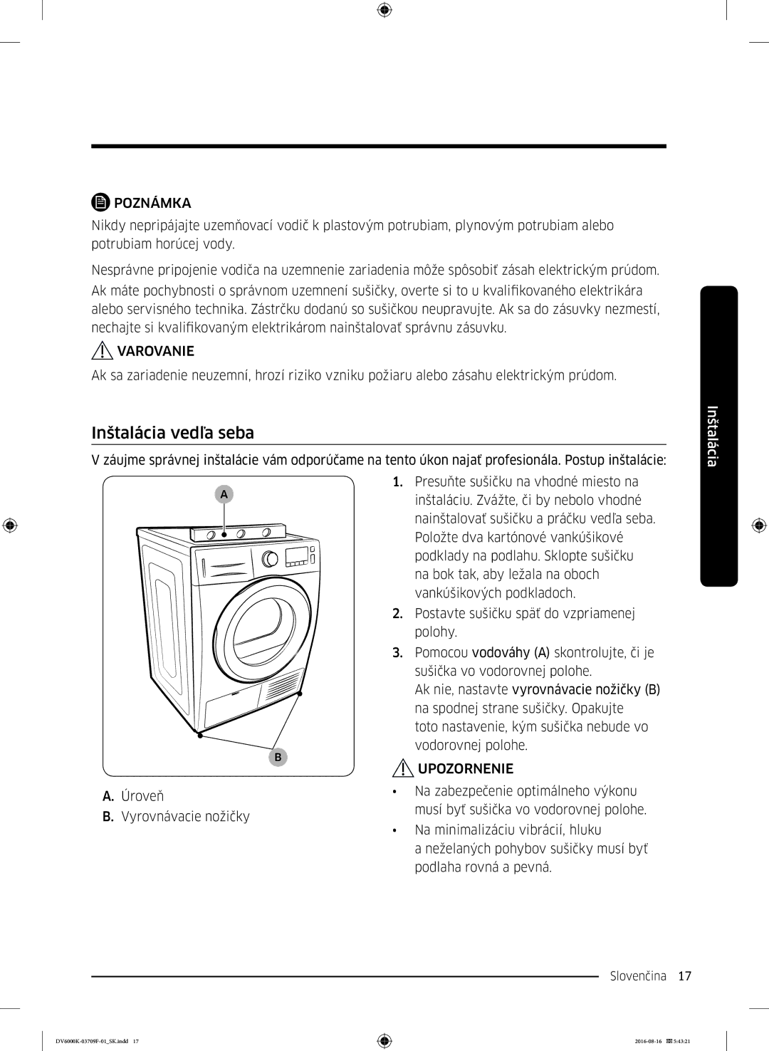 Samsung DV80K6010CW/LE manual Inštalácia vedľa seba, Upozornenie 