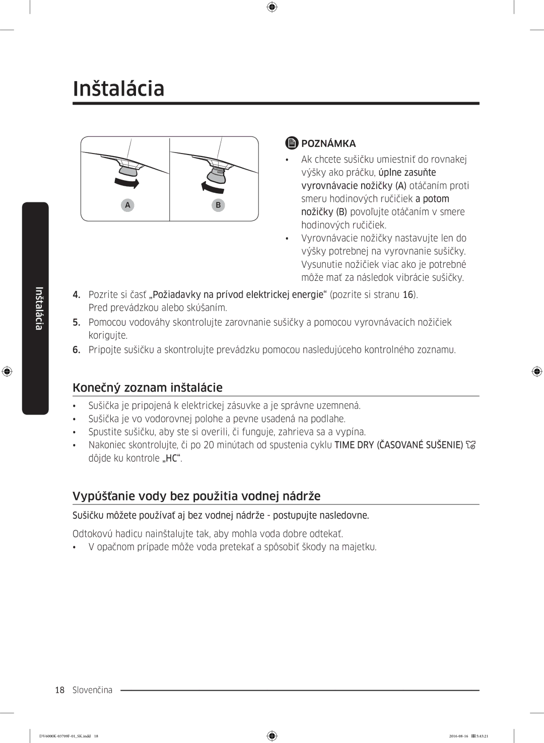 Samsung DV80K6010CW/LE manual Konečný zoznam inštalácie, Vypúšťanie vody bez použitia vodnej nádrže 