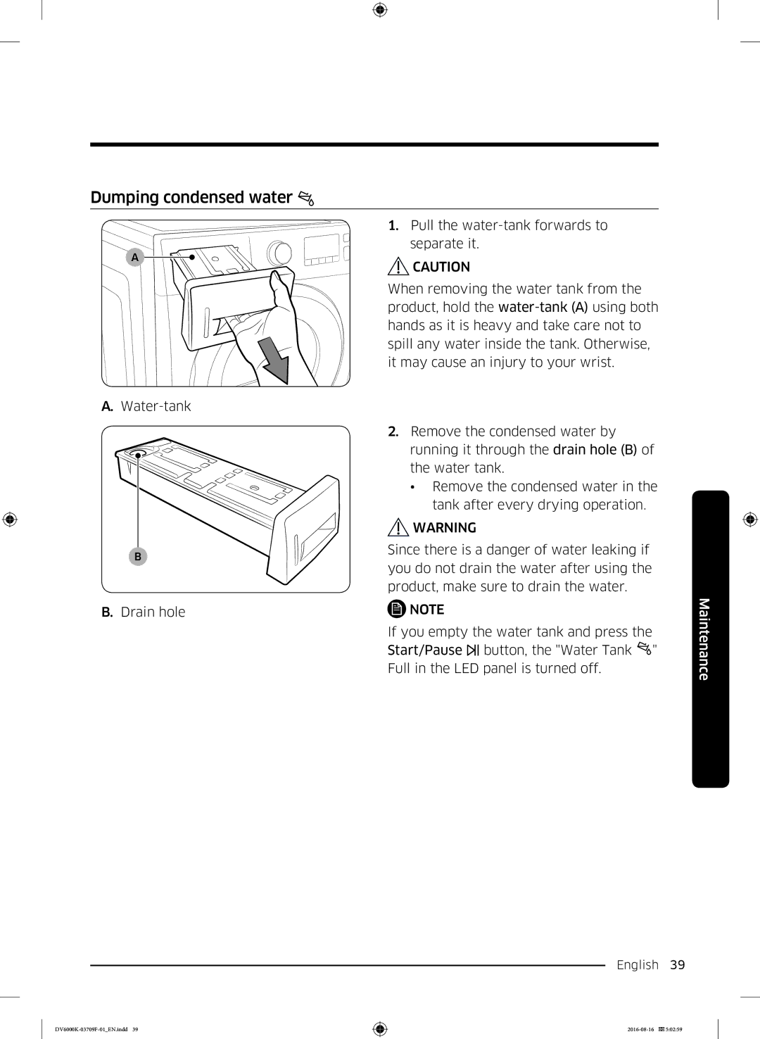 Samsung DV80K6010CW/LE manual Dumping condensed water 