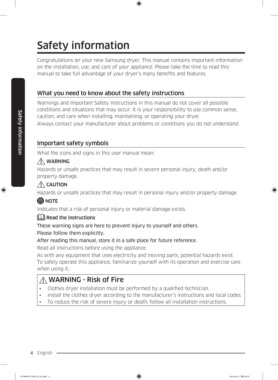 Samsung DV80K6010CW/LE Safety information, What you need to know about the safety instructions, Important safety symbols 