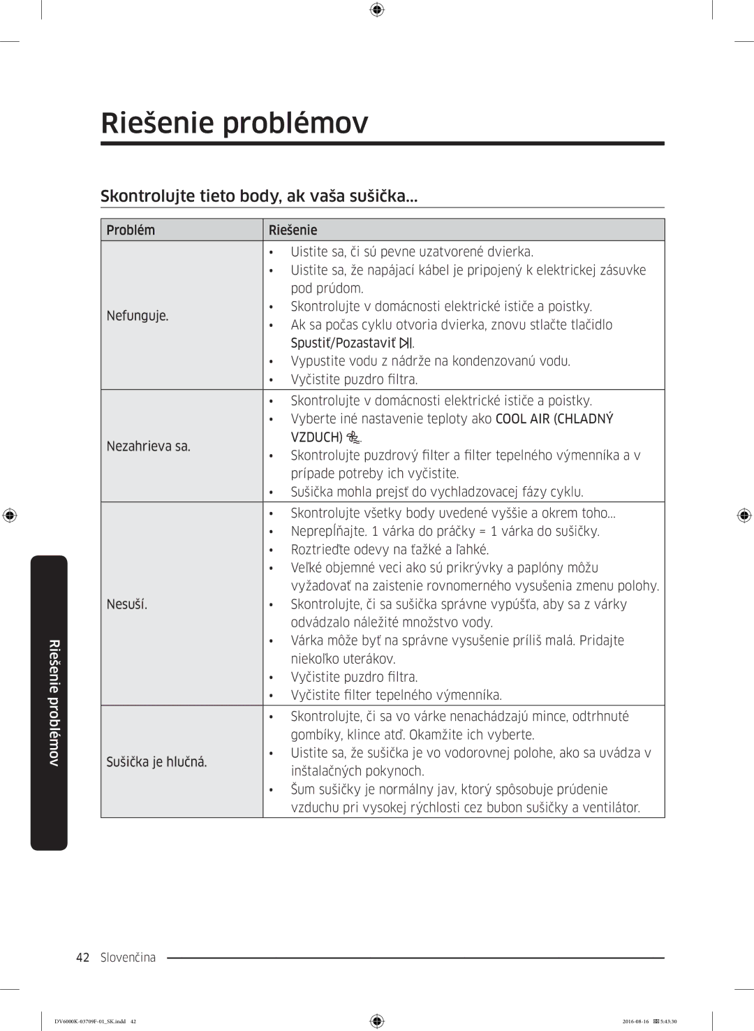 Samsung DV80K6010CW/LE manual Riešenie problémov, Skontrolujte tieto body, ak vaša sušička, Vzduch 
