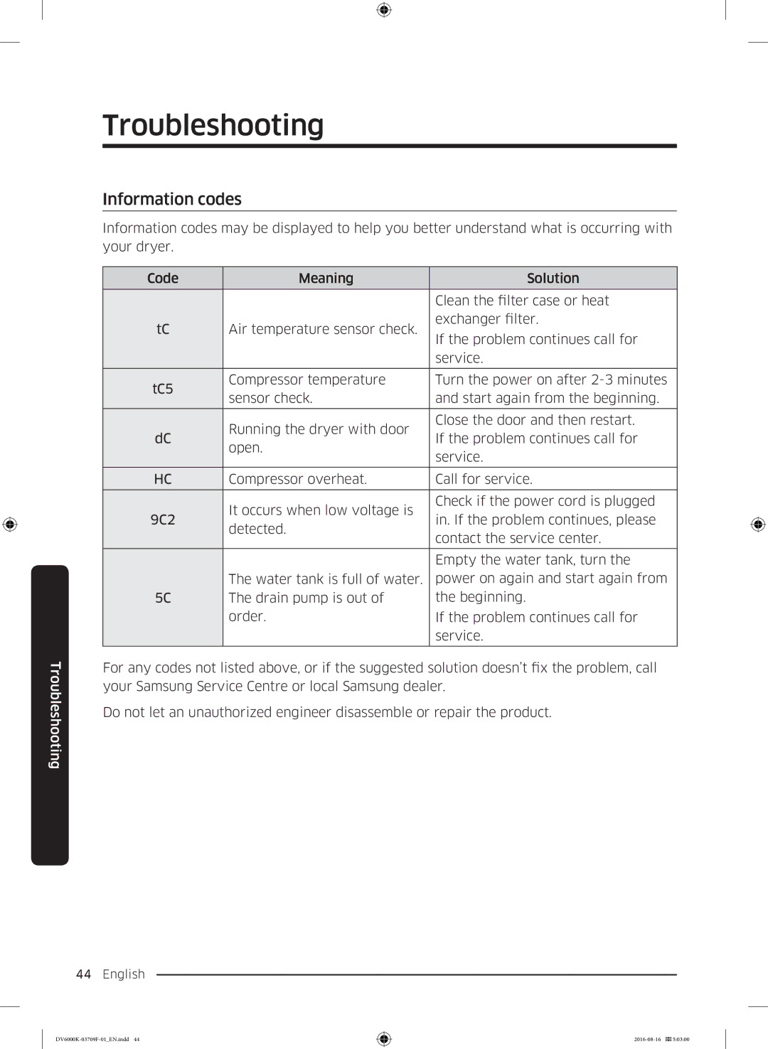 Samsung DV80K6010CW/LE manual Information codes 