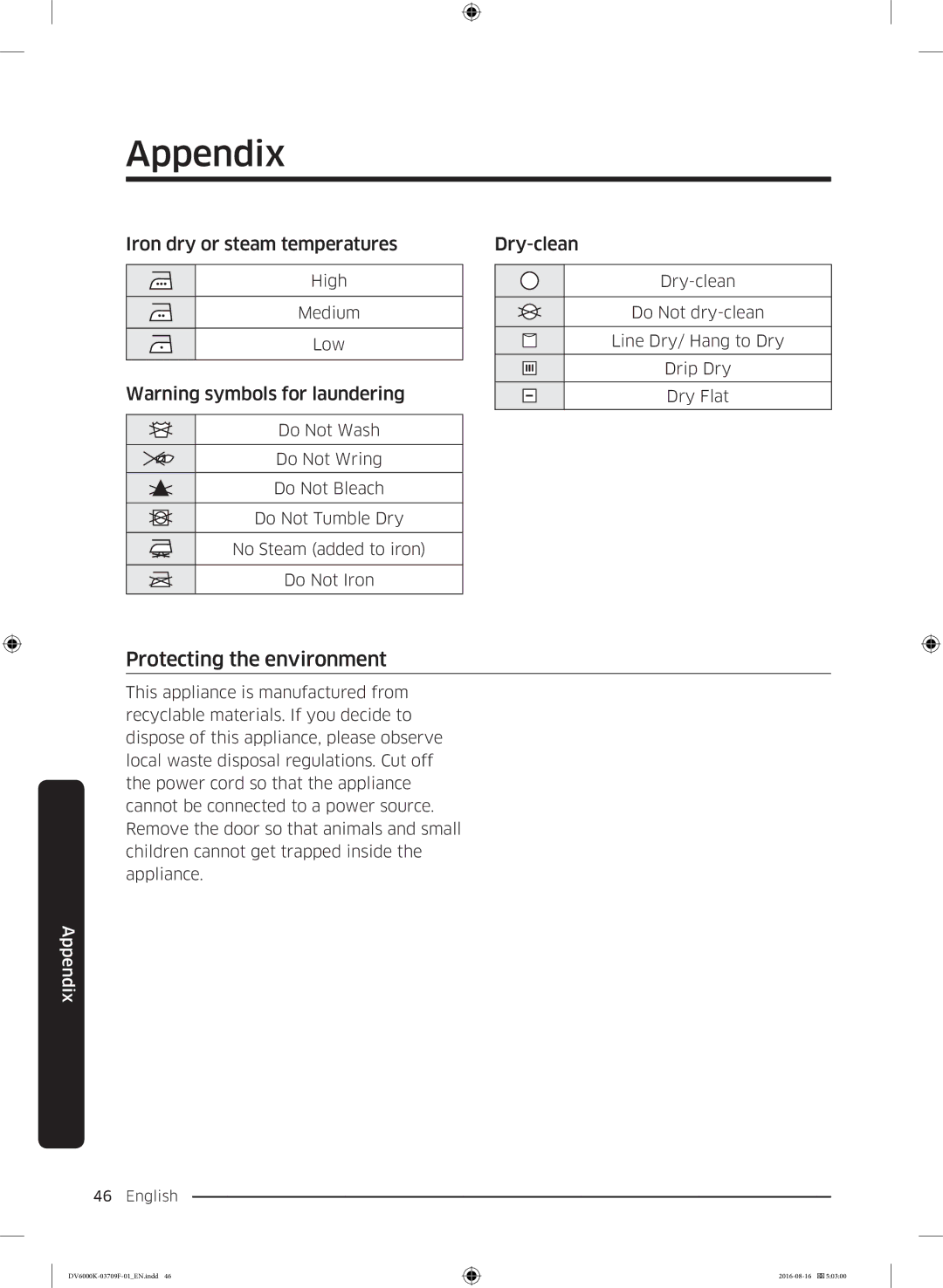 Samsung DV80K6010CW/LE manual Protecting the environment, Iron dry or steam temperatures, Dry-clean 