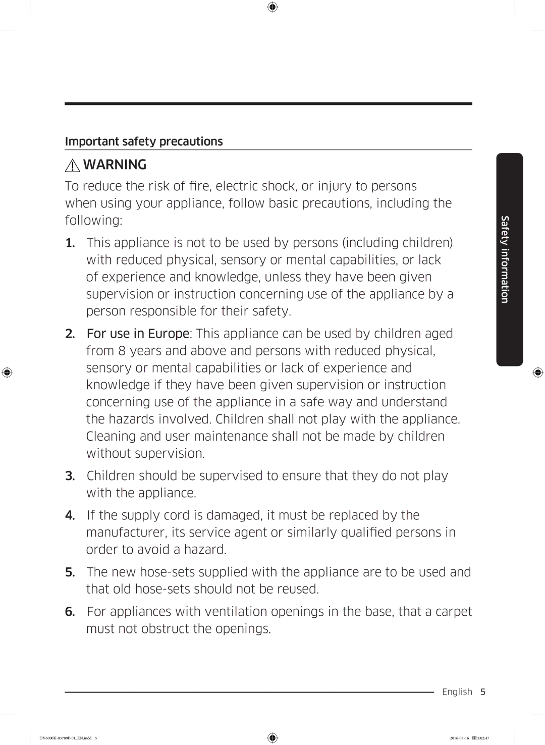 Samsung DV80K6010CW/LE manual Important safety precautions 