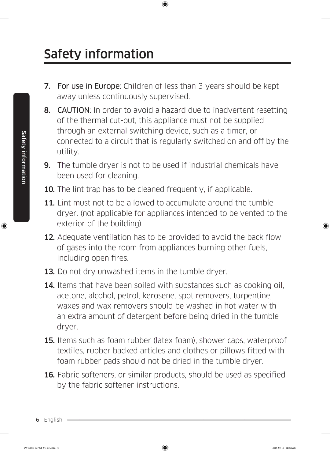 Samsung DV80K6010CW/LE manual Safety information 