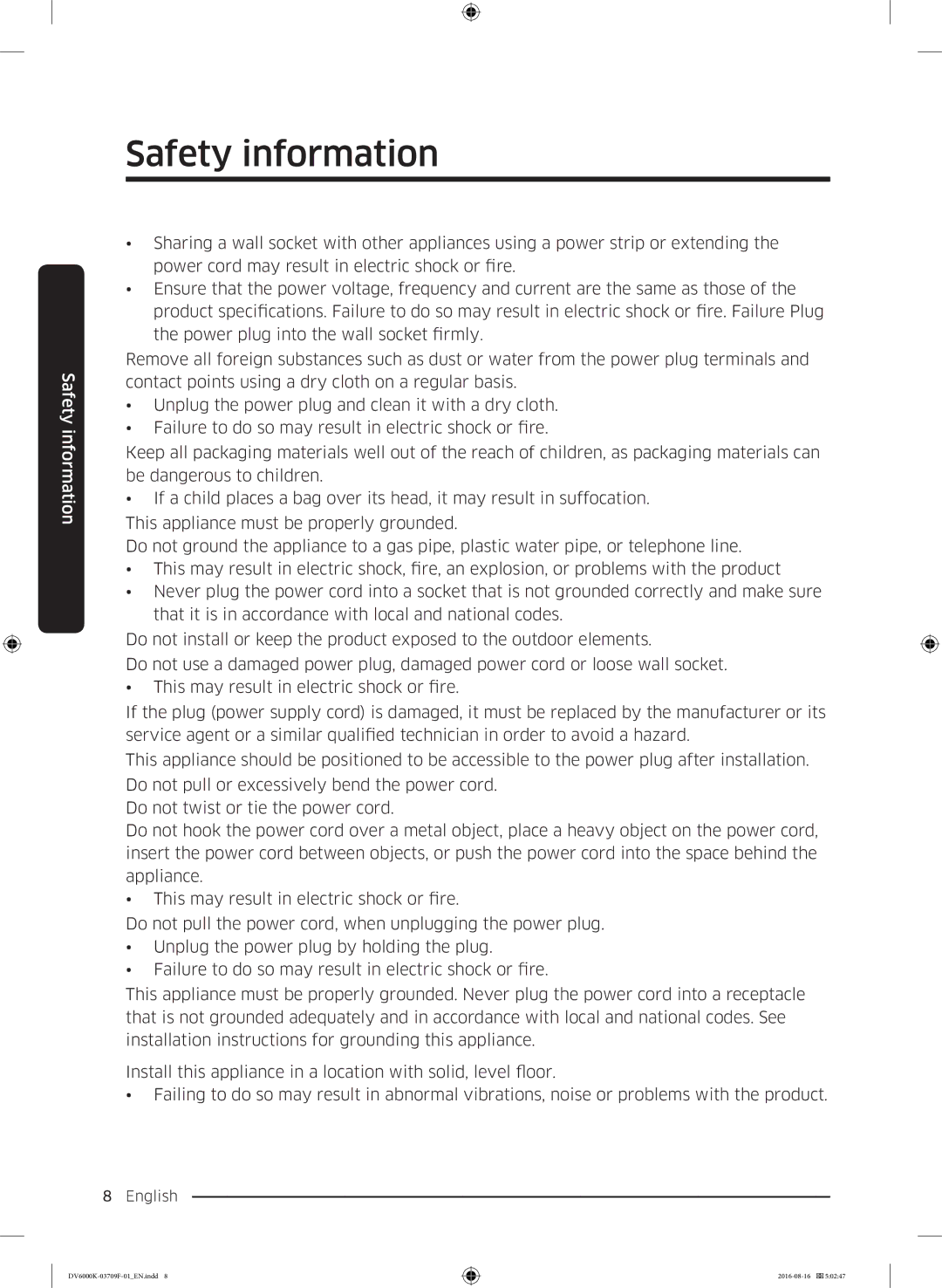 Samsung DV80K6010CW/LE manual Safety information 