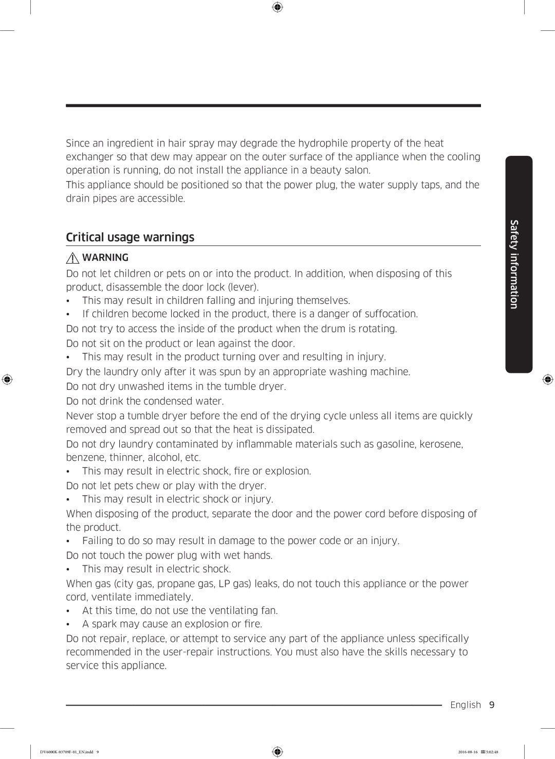 Samsung DV80K6010CW/LE manual Critical usage warnings 