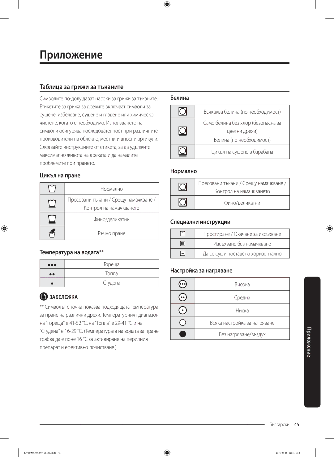 Samsung DV80K6010CW/LE manual Таблица за грижи за тъканите, Нормално, Контрол на намачкването Фино/деликатни Ръчно пране 