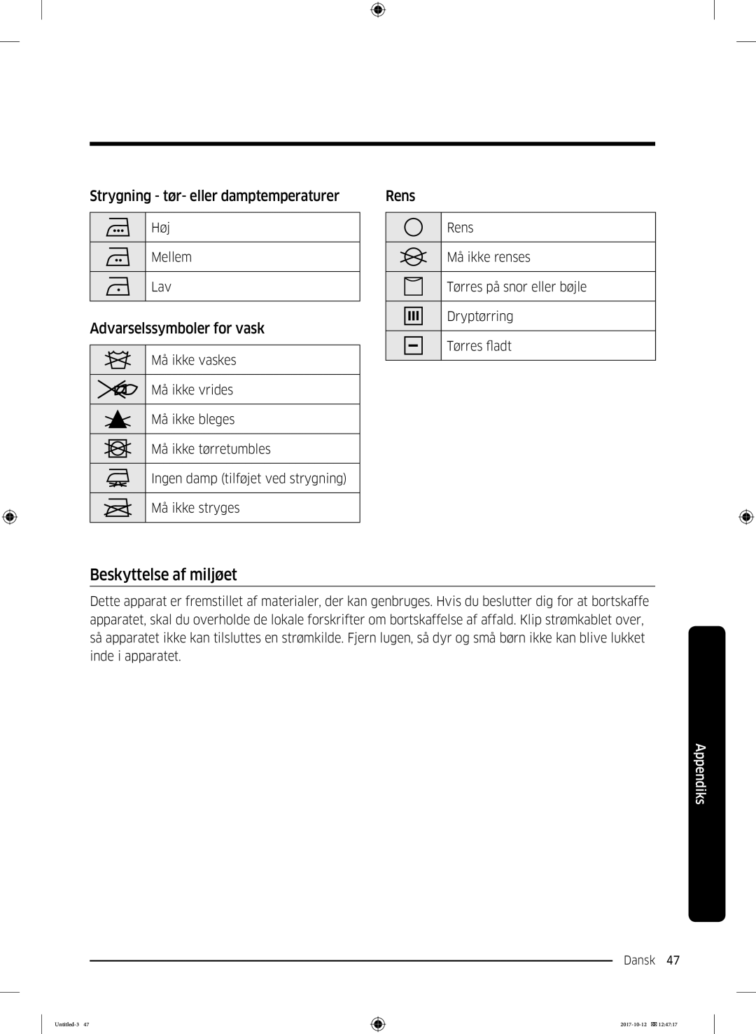 Samsung DV70M5020KW/EE, DV80M50101W/EE, DV80M5010KW/EE Beskyttelse af miljøet, Strygning tør- eller damptemperaturer, Rens 