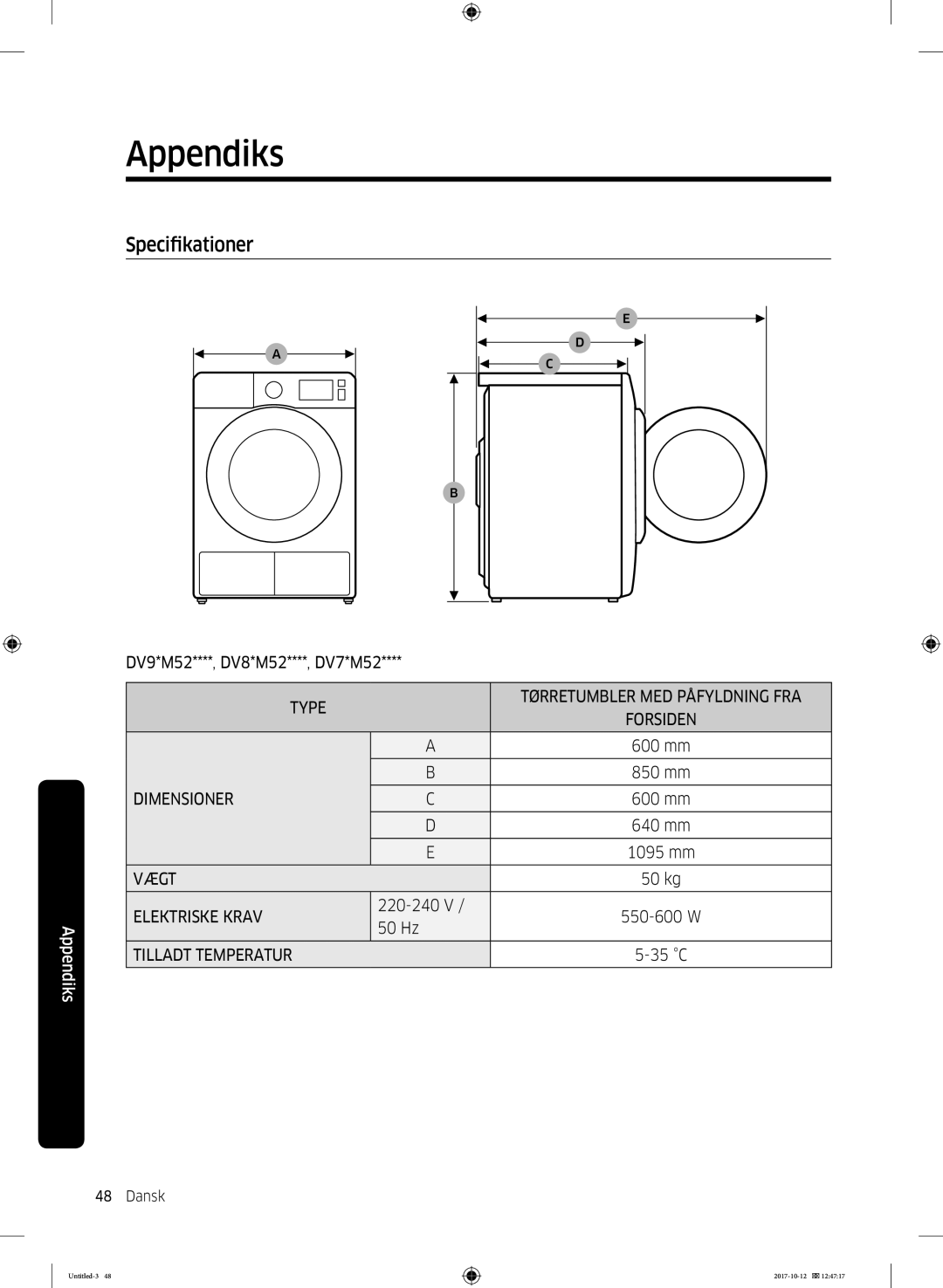 Samsung DV80M5010KW/EE, DV80M50101W/EE, DV70M5020KW/EE, DV90M50003W/EE, DV80M52102W/EE, DV80M50102W/EE manual Specifikationer 