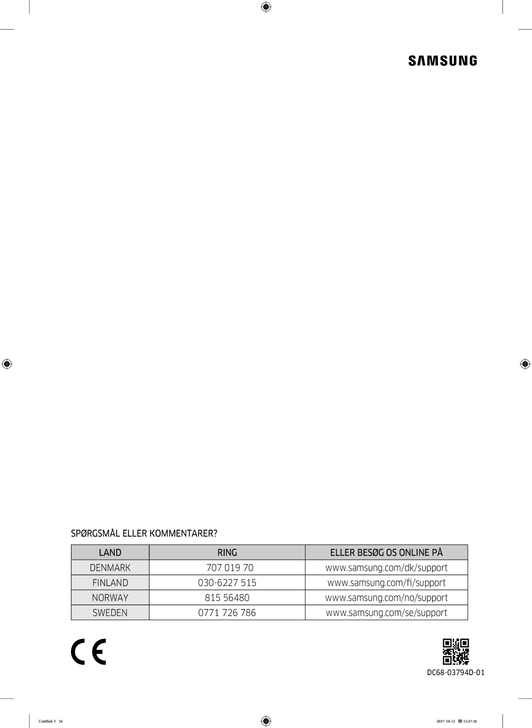 Samsung DV80M52102W/EE, DV80M50101W/EE, DV70M5020KW/EE, DV80M5010KW/EE, DV90M50003W/EE, DV80M50102W/EE manual Denmark 