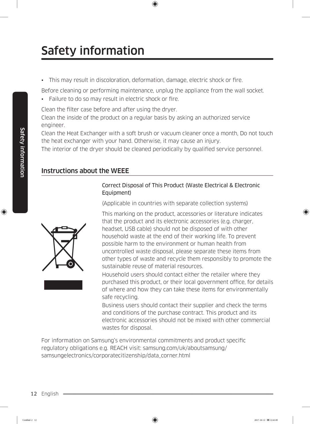 Samsung DV80M50101W/EE, DV70M5020KW/EE, DV80M5010KW/EE, DV90M50003W/EE, DV80M52102W/EE manual Instructions about the Weee 