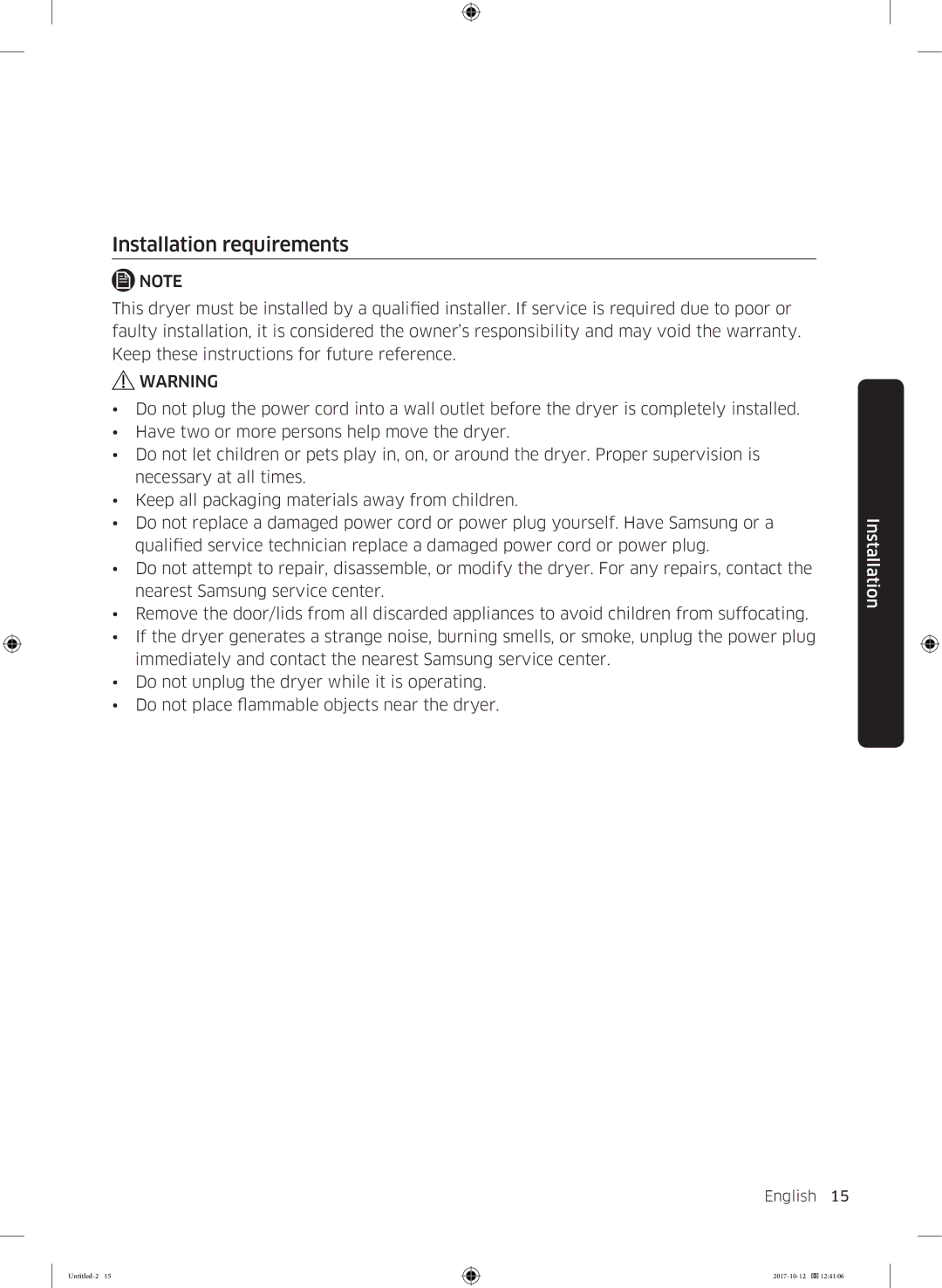 Samsung DV90M50003W/EE, DV80M50101W/EE, DV70M5020KW/EE, DV80M5010KW/EE, DV80M52102W/EE manual Installation requirements 