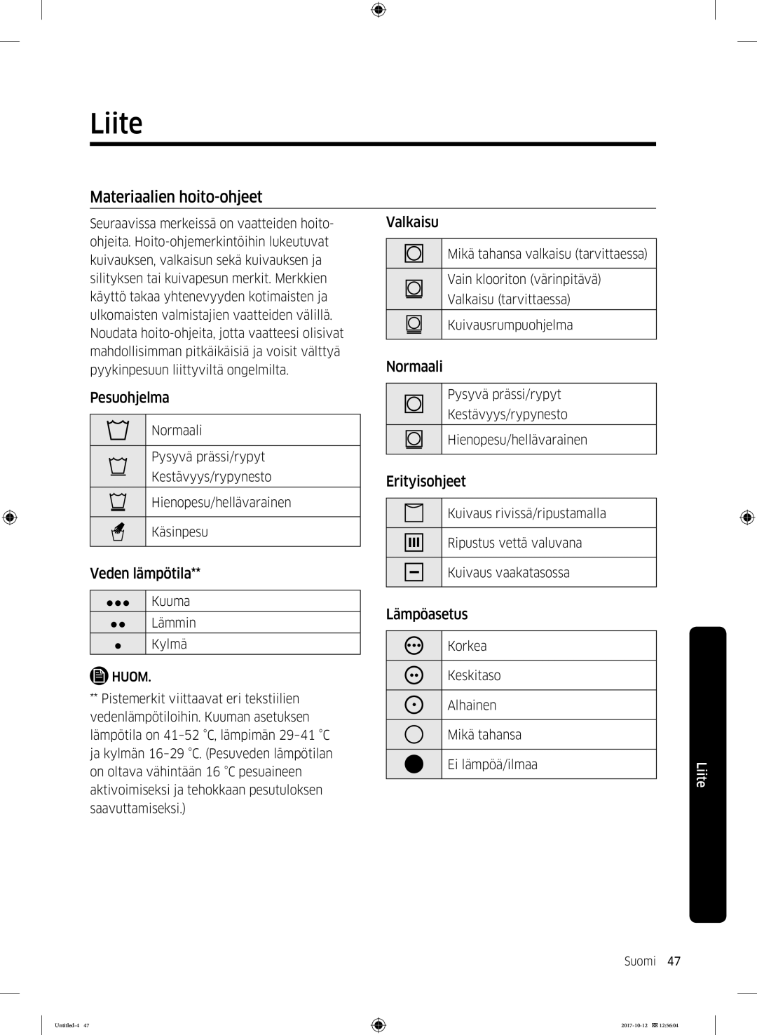 Samsung DV90M50003W/EE, DV80M50101W/EE, DV70M5020KW/EE, DV80M5010KW/EE, DV80M52102W/EE manual Liite, Materiaalien hoito-ohjeet 