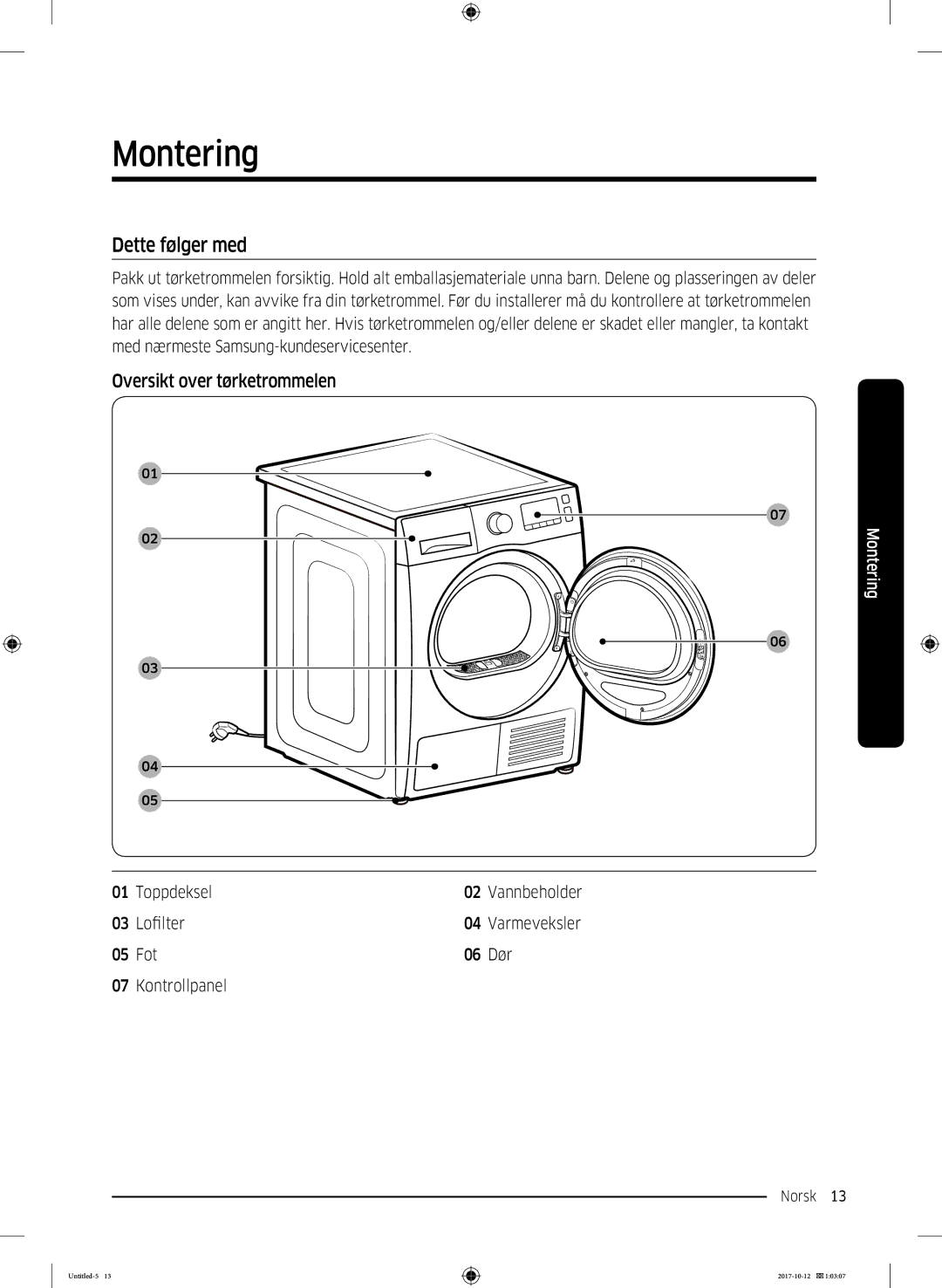 Samsung DV70M5020KW/EE, DV80M50101W/EE, DV80M5010KW/EE manual Montering, Dette følger med, Oversikt over tørketrommelen 