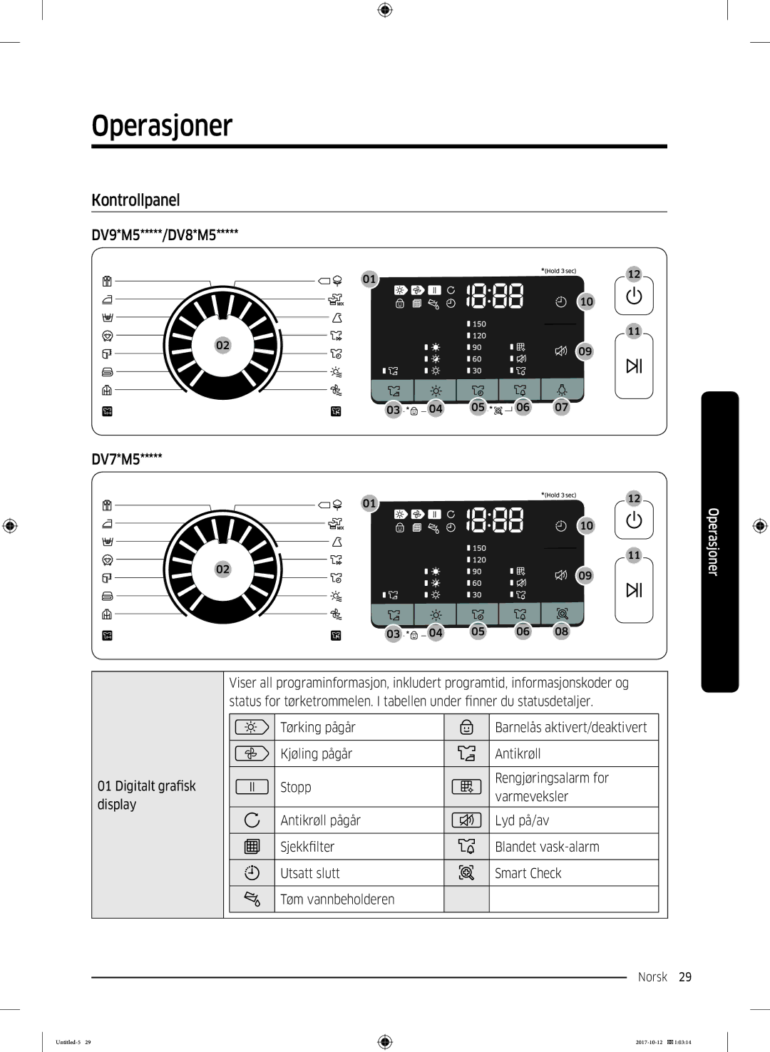 Samsung DV80M50102W/EE, DV80M50101W/EE, DV70M5020KW/EE, DV80M5010KW/EE, DV90M50003W/EE manual Operasjoner, Kontrollpanel 