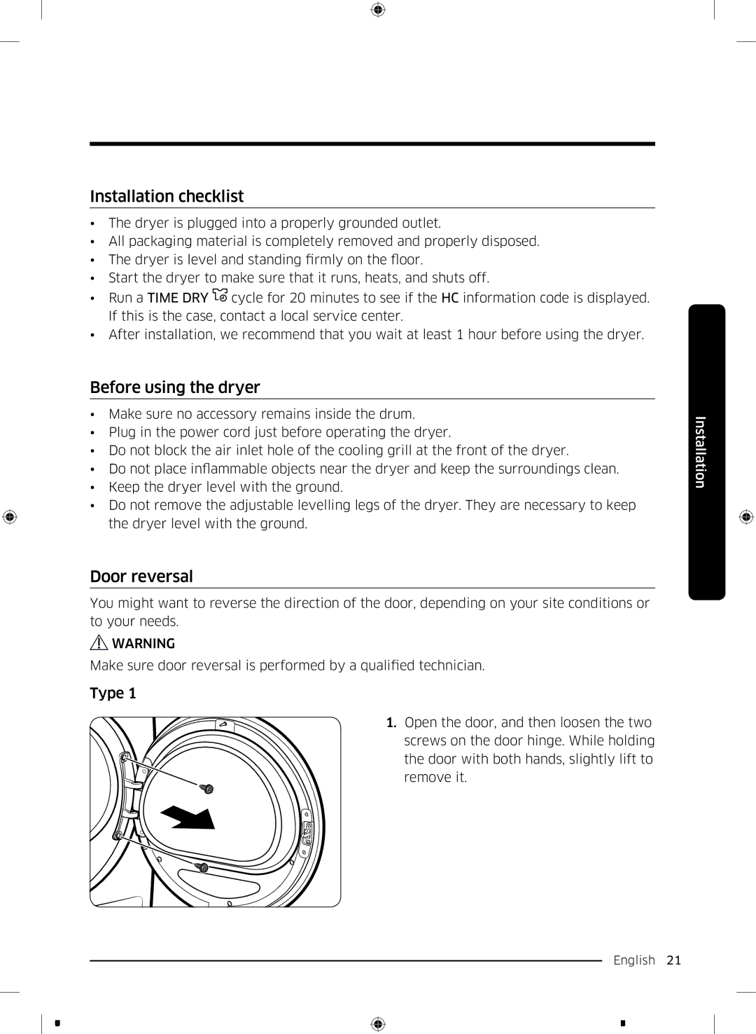 Samsung DV90M50003W/EE, DV80M50101W/EE, DV70M5020KW/EE Installation checklist, Before using the dryer, Door reversal, Type 