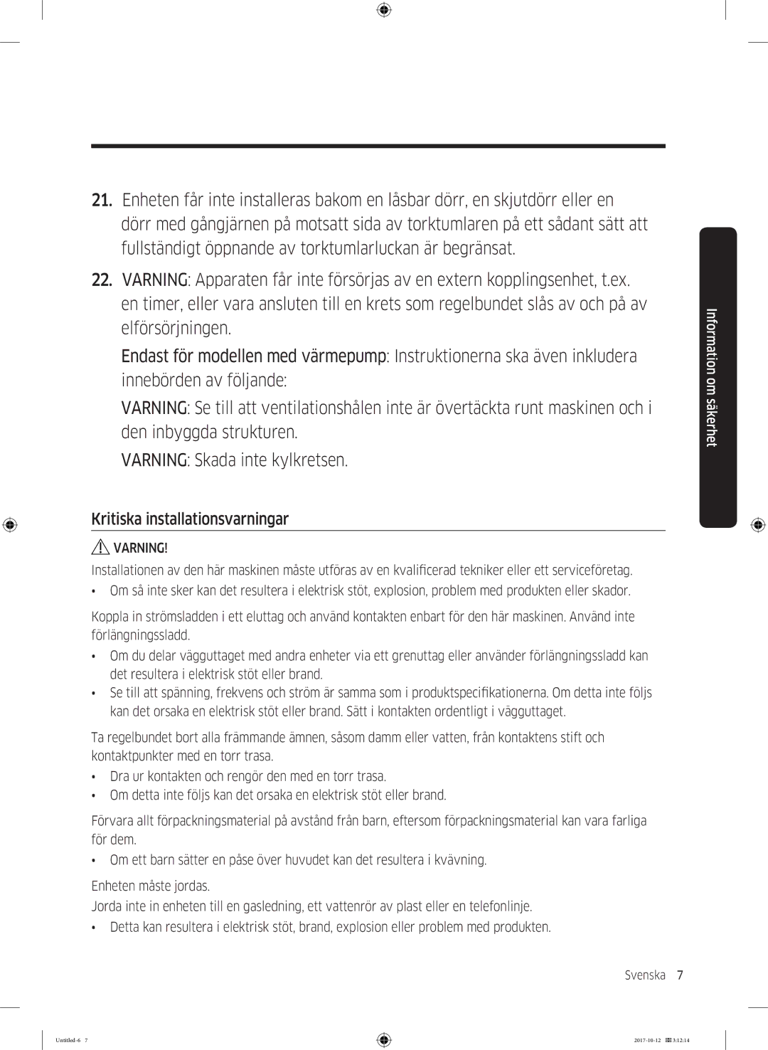 Samsung DV90M50003W/EE, DV80M50101W/EE, DV70M5020KW/EE, DV80M5010KW/EE manual Kritiska installationsvarningar, Varning 