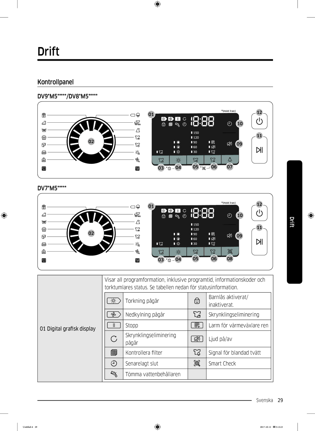 Samsung DV70M5020KW/EE, DV80M50101W/EE, DV80M5010KW/EE, DV90M50003W/EE, DV80M52102W/EE, DV80M50102W/EE Drift, Kontrollpanel 