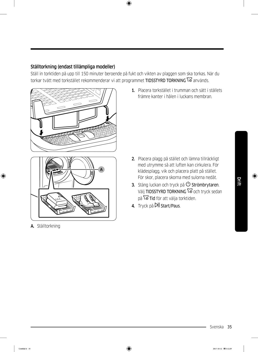 Samsung DV70M5020KW/EE, DV80M50101W/EE, DV80M5010KW/EE, DV90M50003W/EE manual Ställtorkning endast tillämpliga modeller 