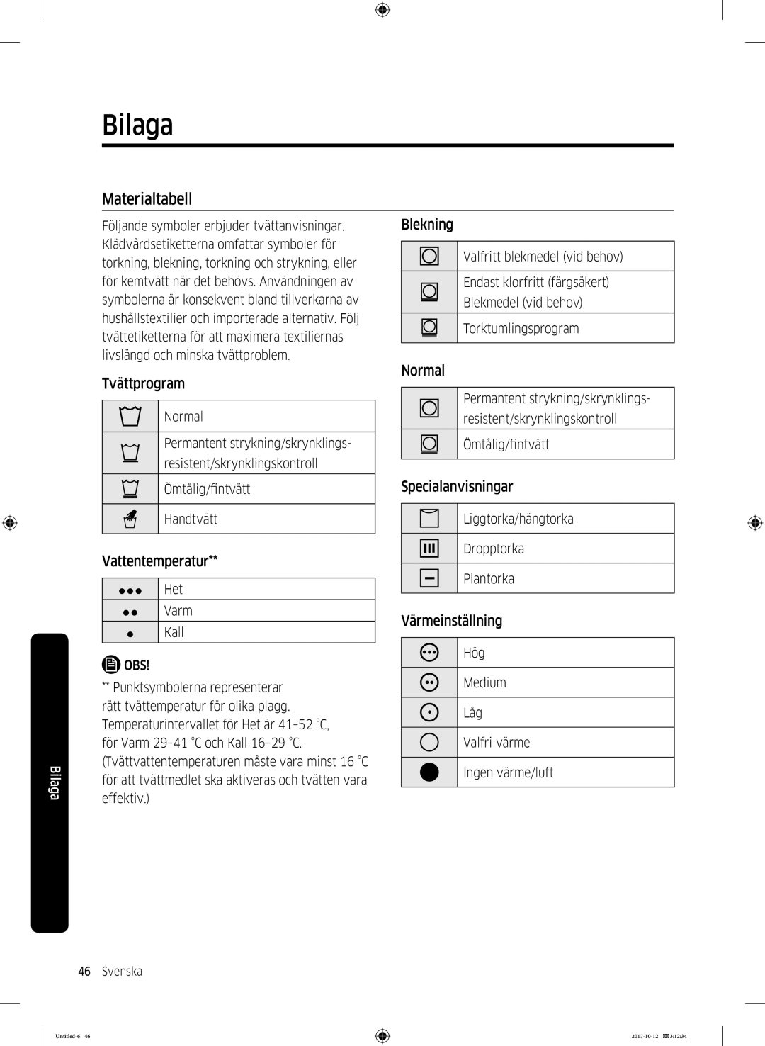 Samsung DV80M50101W/EE, DV70M5020KW/EE, DV80M5010KW/EE, DV90M50003W/EE, DV80M52102W/EE, DV80M50102W/EE Bilaga, Materialtabell 