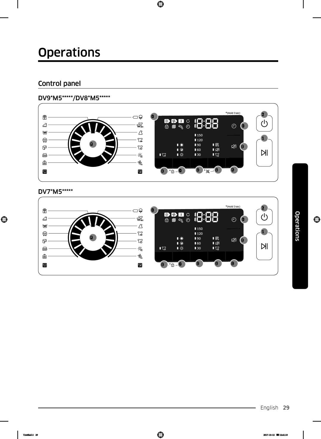 Samsung DV80M50102W/EE, DV80M50101W/EE, DV70M5020KW/EE, DV80M5010KW/EE Operations, Control panel, DV9*M5*****/DV8*M5 DV7*M5 