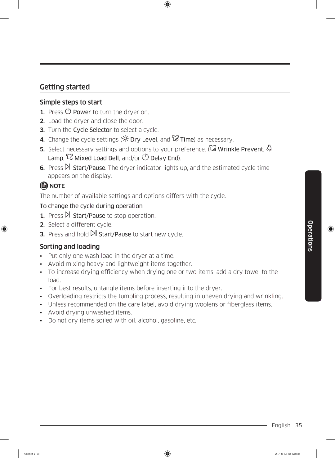 Samsung DV80M50102W/EE, DV80M50101W/EE, DV70M5020KW/EE manual Getting started, Simple steps to start, Sorting and loading 