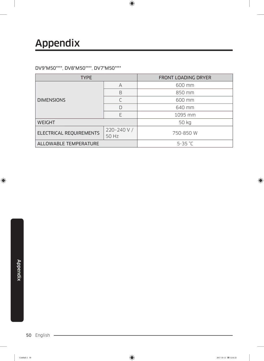 Samsung DV80M5010KW/EE, DV80M50101W/EE, DV70M5020KW/EE, DV90M50003W/EE, DV80M52102W/EE manual DV9*M50****, DV8*M50****, DV7*M50 