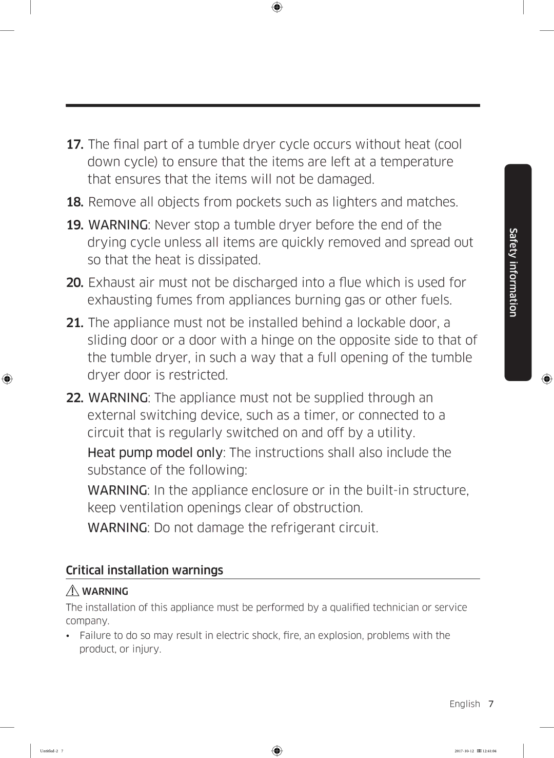 Samsung DV70M5020KW/EE, DV80M50101W/EE, DV80M5010KW/EE, DV90M50003W/EE, DV80M52102W/EE manual Critical installation warnings 