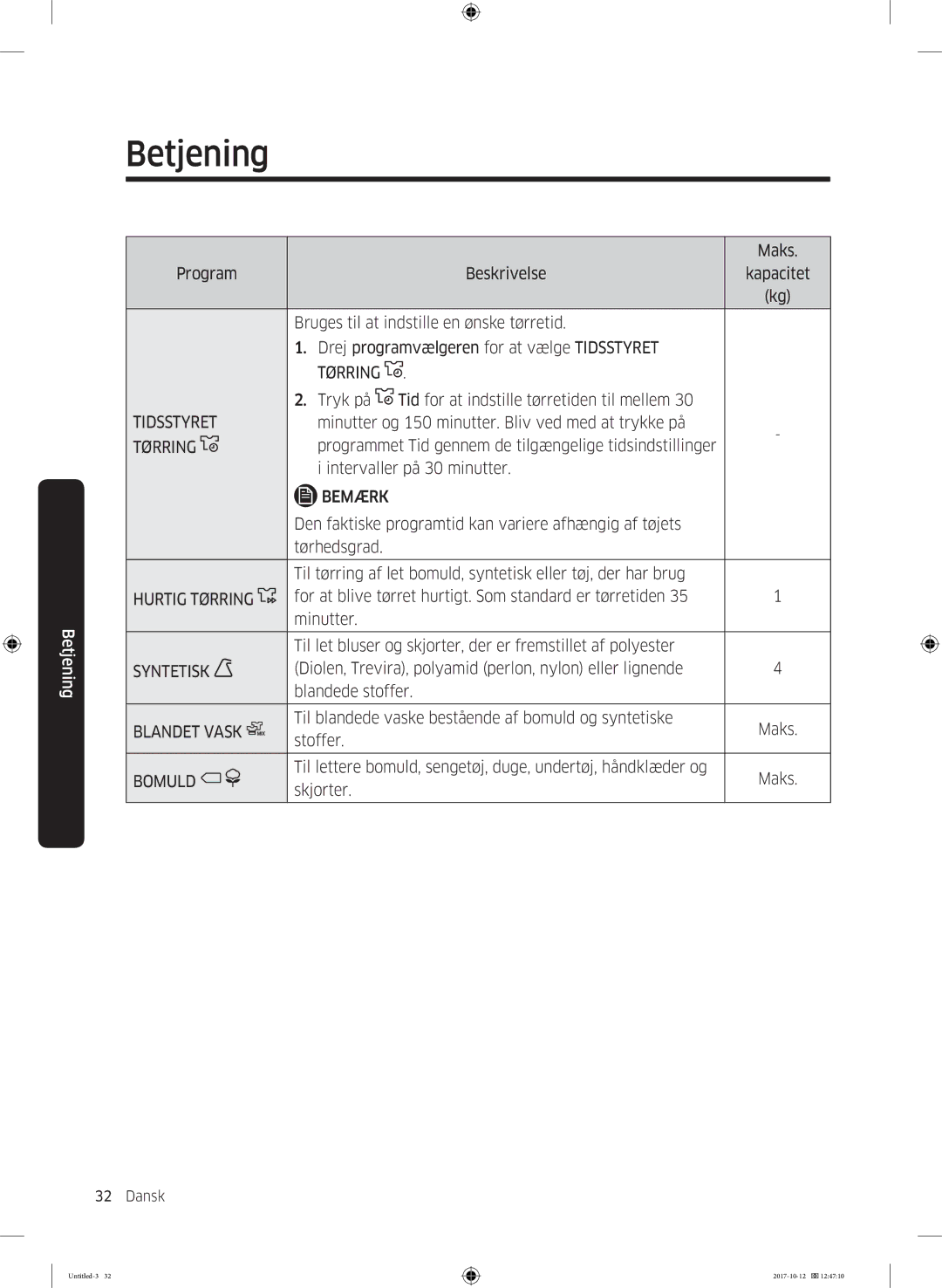 Samsung DV80M52102W/EE, DV80M50101W/EE, DV70M5020KW/EE manual Tidsstyret, Hurtig Tørring, Syntetisk, Blandet Vask, Bomuld 