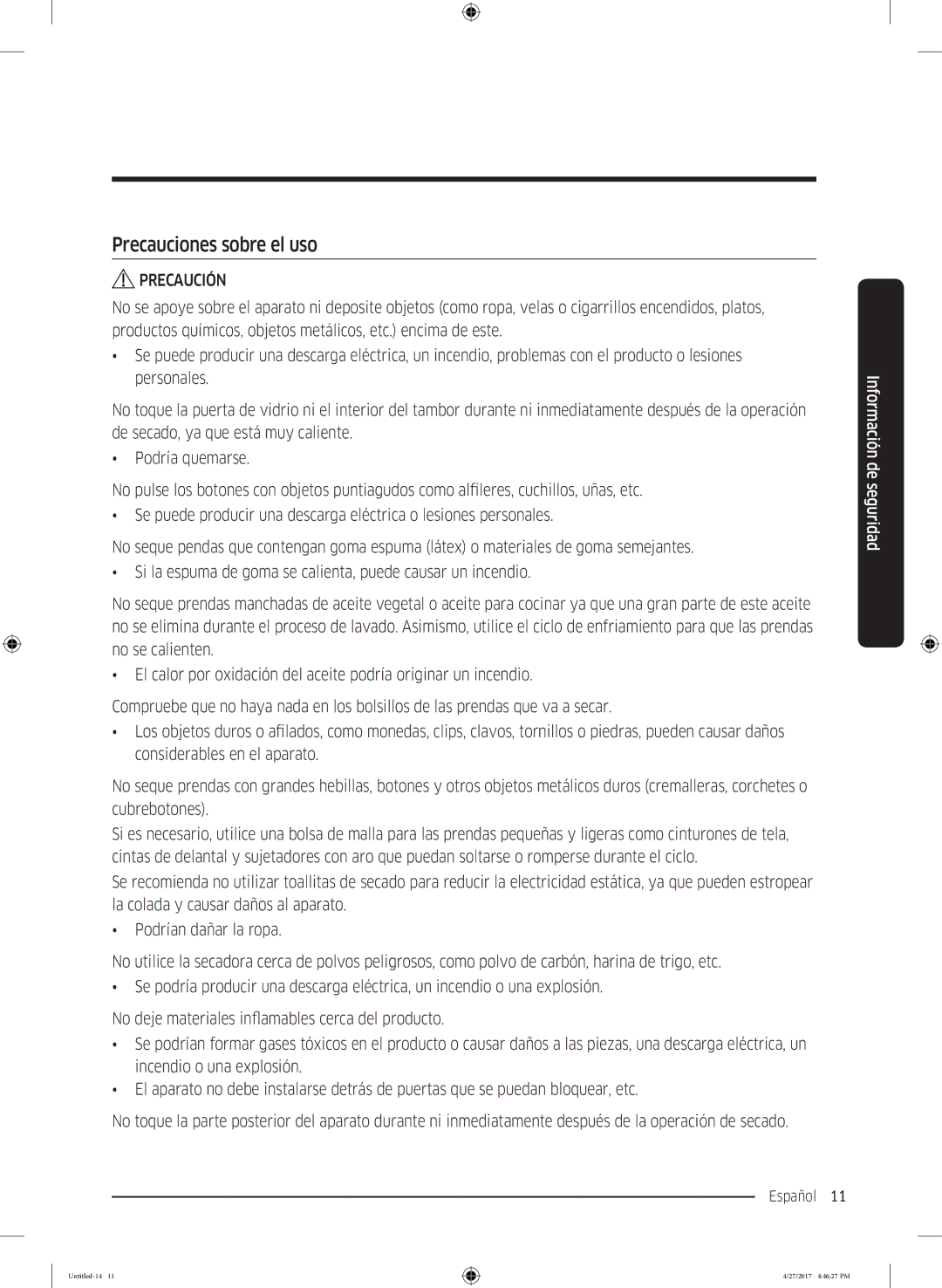 Samsung DV80M5010QW/EC, DV80M5010IW/EC manual Precauciones sobre el uso 