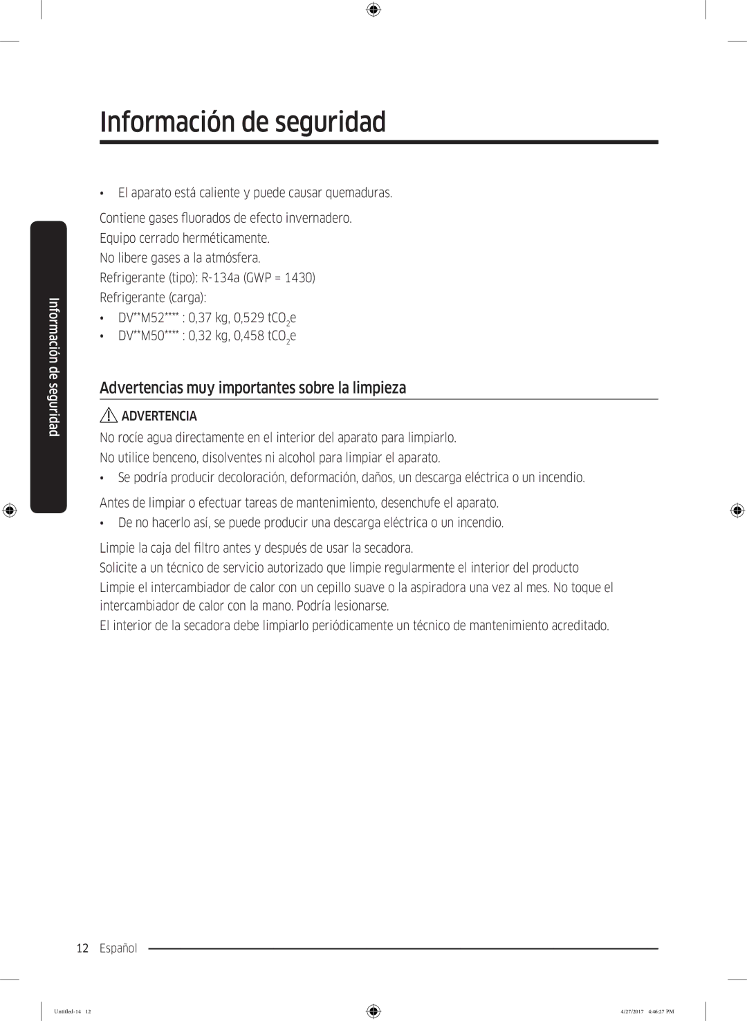 Samsung DV80M5010IW/EC, DV80M5010QW/EC manual Advertencias muy importantes sobre la limpieza 