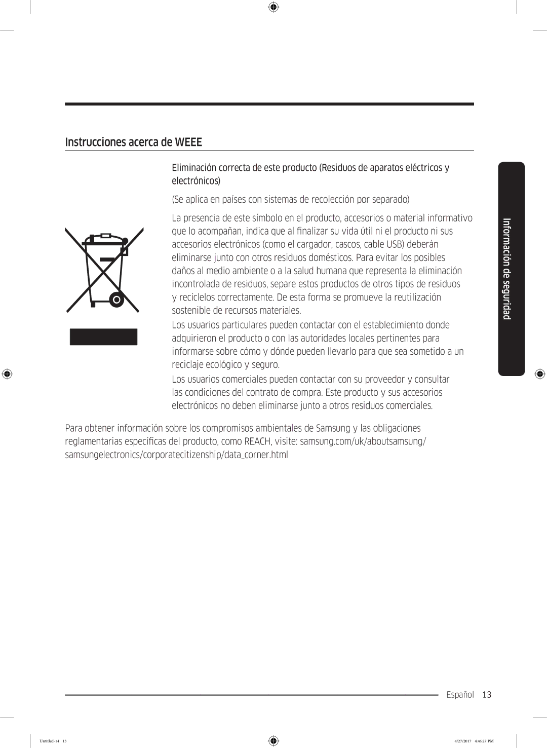 Samsung DV80M5010QW/EC, DV80M5010IW/EC manual Instrucciones acerca de Weee 