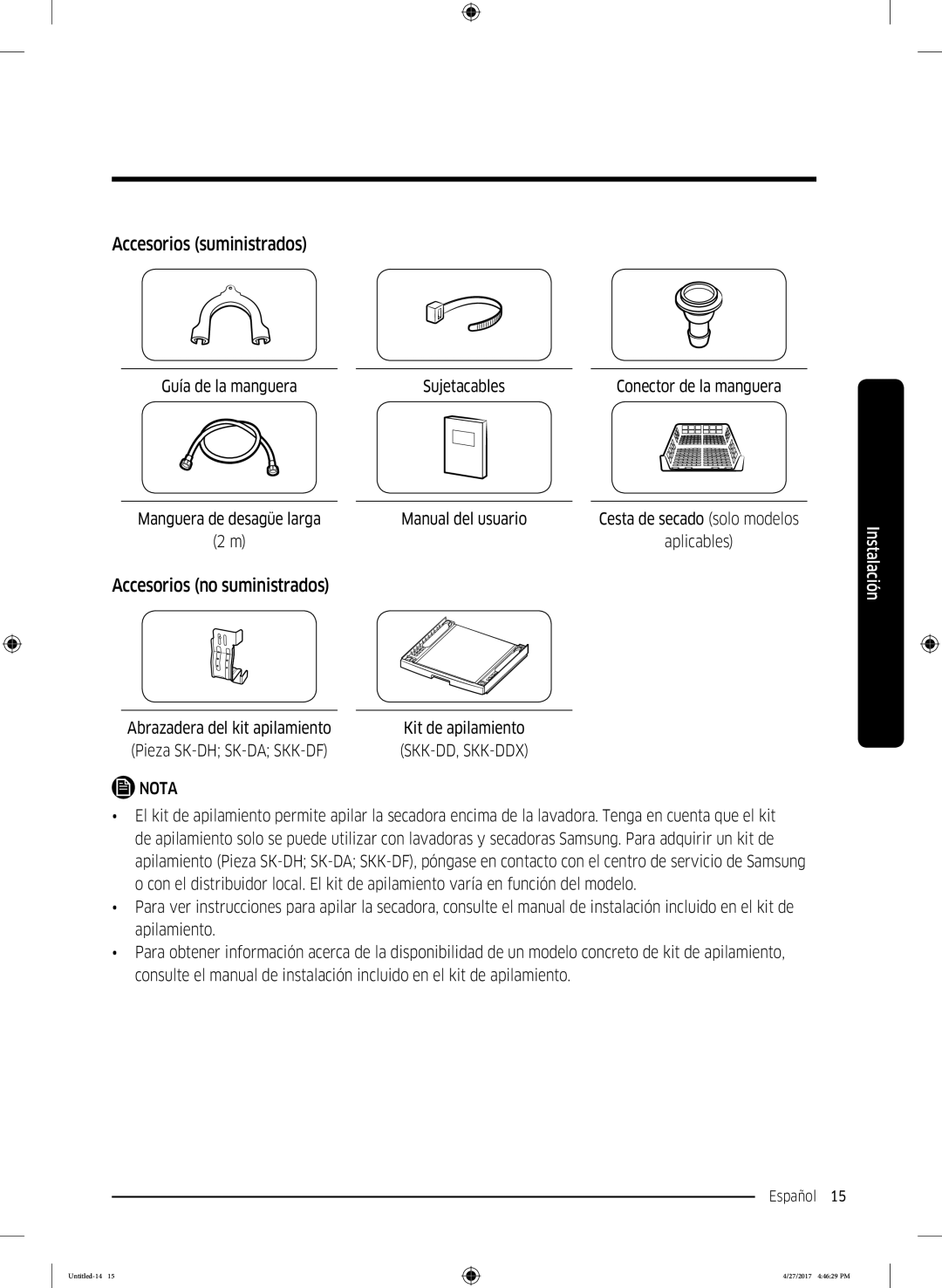 Samsung DV80M5010QW/EC, DV80M5010IW/EC manual Accesorios suministrados, Accesorios no suministrados 