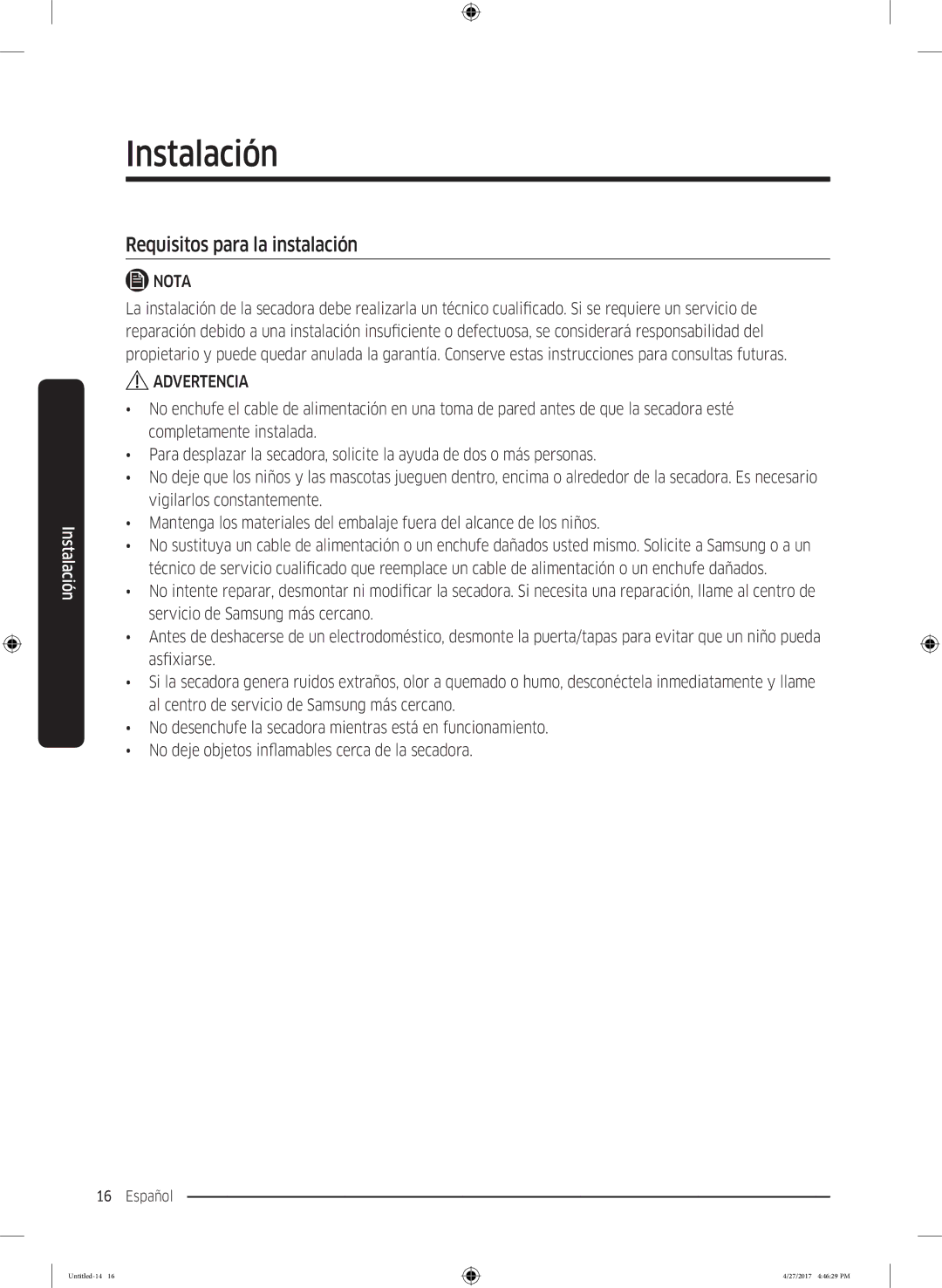 Samsung DV80M5010IW/EC, DV80M5010QW/EC manual Requisitos para la instalación 