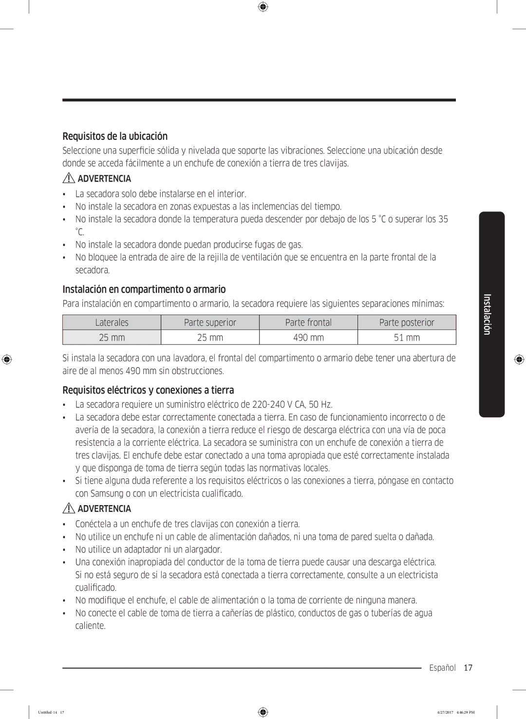 Samsung DV80M5010QW/EC, DV80M5010IW/EC manual Requisitos de la ubicación, Instalación en compartimento o armario 