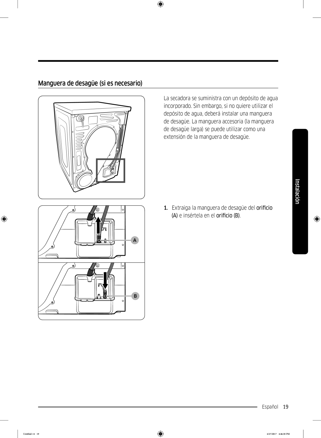 Samsung DV80M5010QW/EC, DV80M5010IW/EC manual Manguera de desagüe si es necesario 