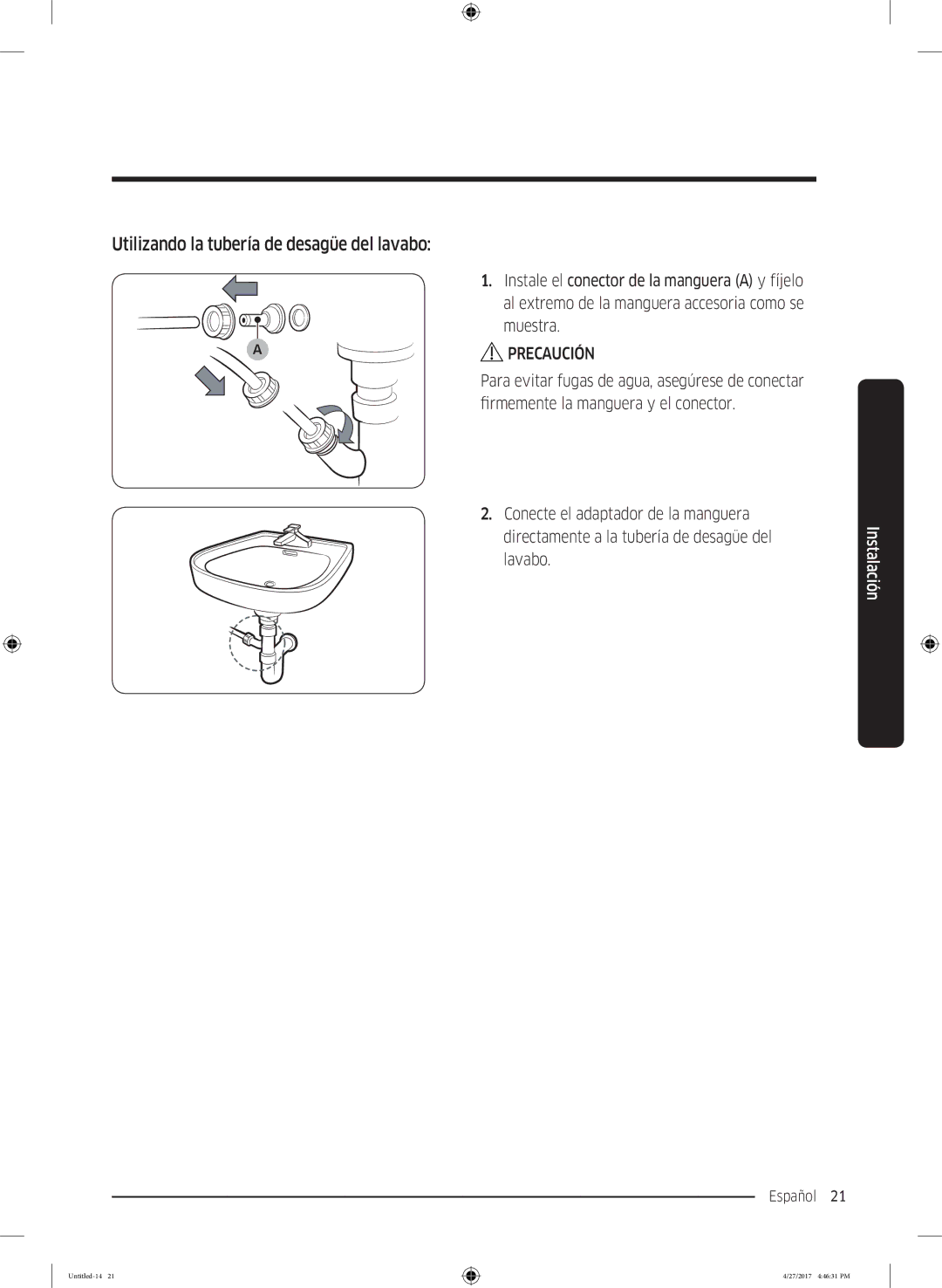 Samsung DV80M5010QW/EC, DV80M5010IW/EC manual Utilizando la tubería de desagüe del lavabo 