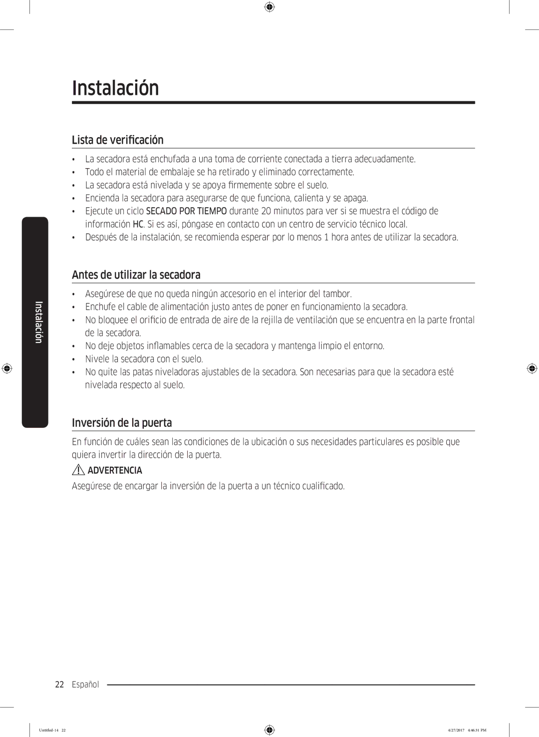 Samsung DV80M5010IW/EC, DV80M5010QW/EC manual Lista de verificación, Antes de utilizar la secadora, Inversión de la puerta 