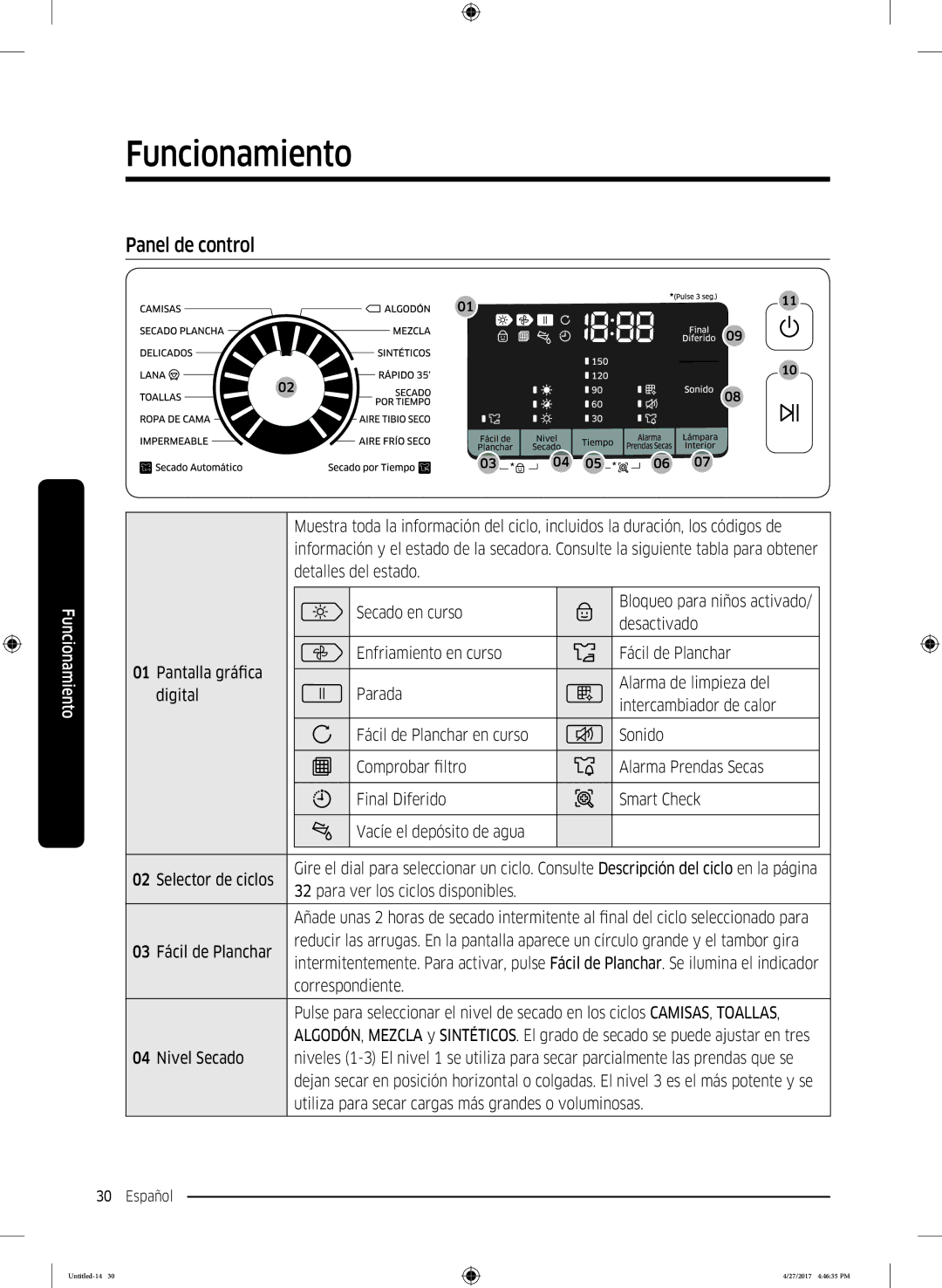 Samsung DV80M5010IW/EC, DV80M5010QW/EC manual Funcionamiento, Panel de control 