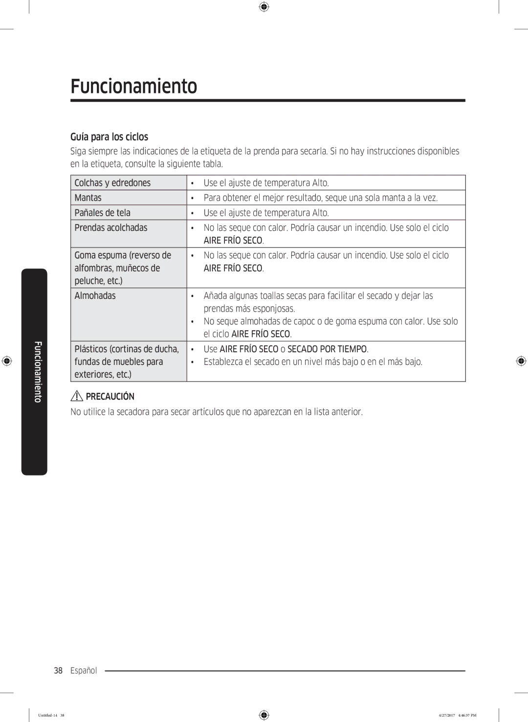 Samsung DV80M5010IW/EC, DV80M5010QW/EC manual Guía para los ciclos 