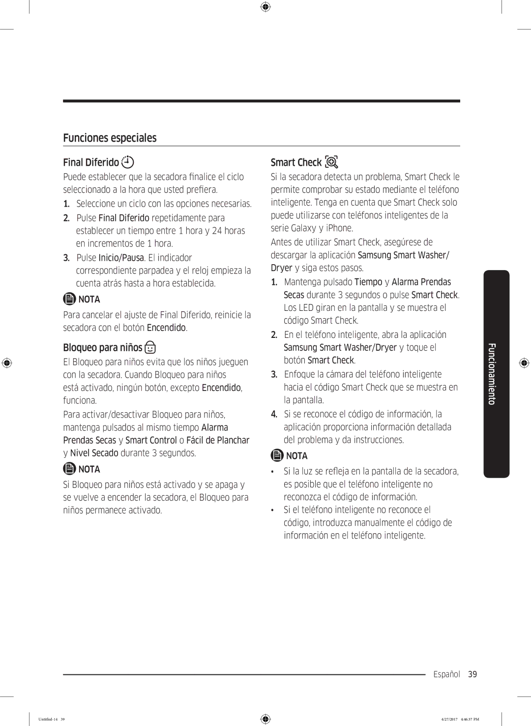 Samsung DV80M5010QW/EC, DV80M5010IW/EC manual Funciones especiales, Final Diferido, Bloqueo para niños, Smart Check 